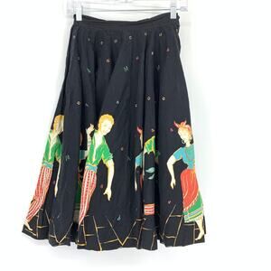 Vintage 1950s Novelty Mambo Panel Circle Skirt Womens Sz 24" Side Zip Black